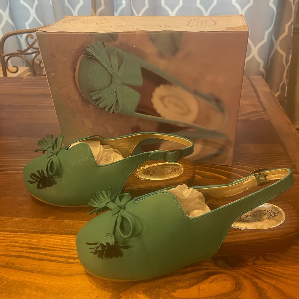 Joyfolie NIB Raleigh Youth 4 / Women 6 Green Slingback Mules with Bow Detail